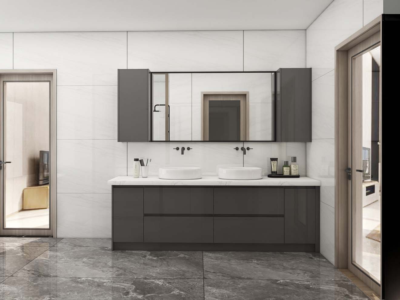 Modern Black Lacquer Double Sink Bathroom Vanity