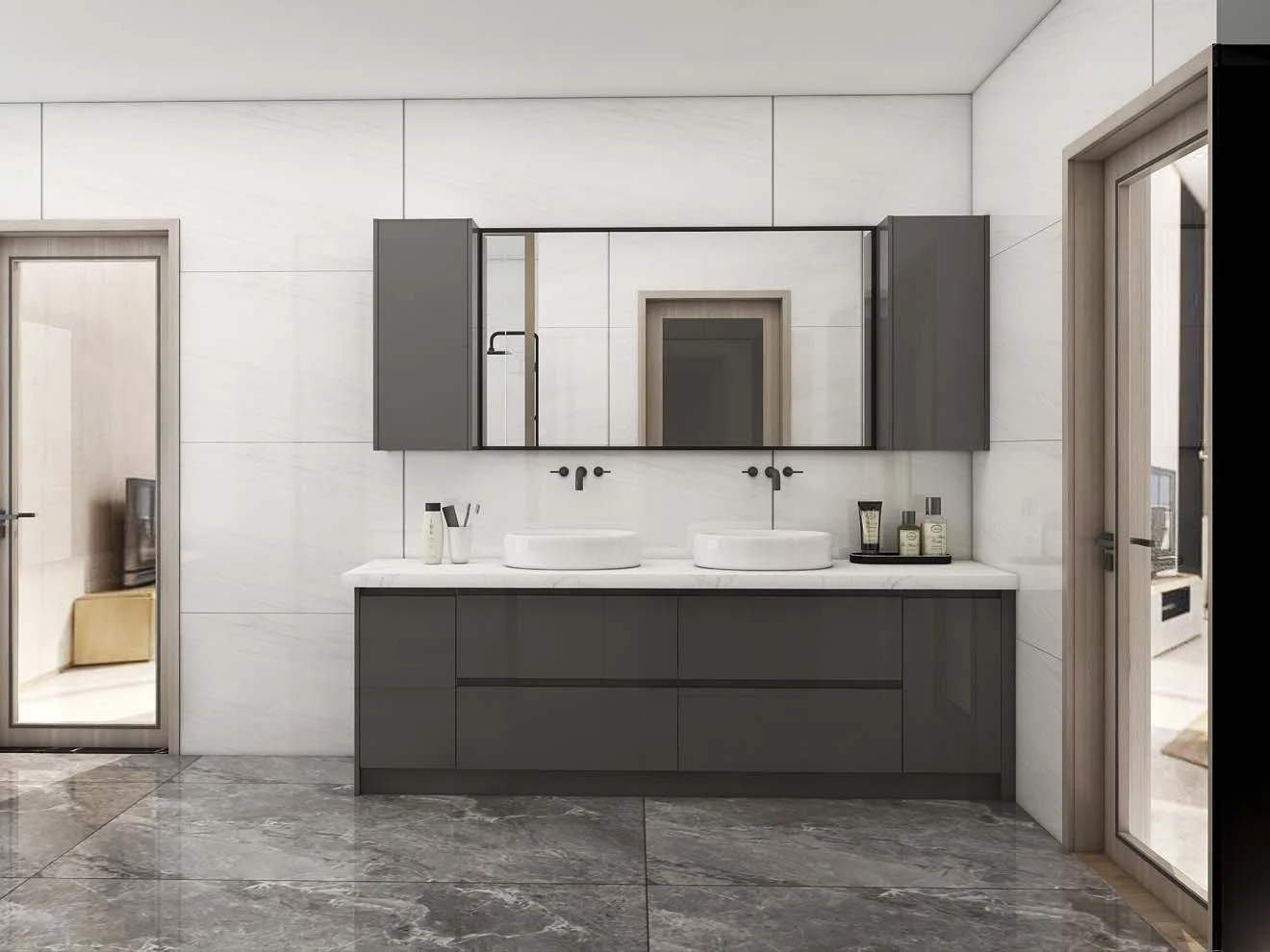 Tocador de baño moderno con lavabo doble lacado en negro
