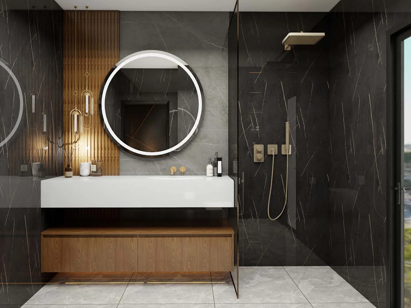 Elegantes gabinetes de baño de melamina negra con decoración moderna