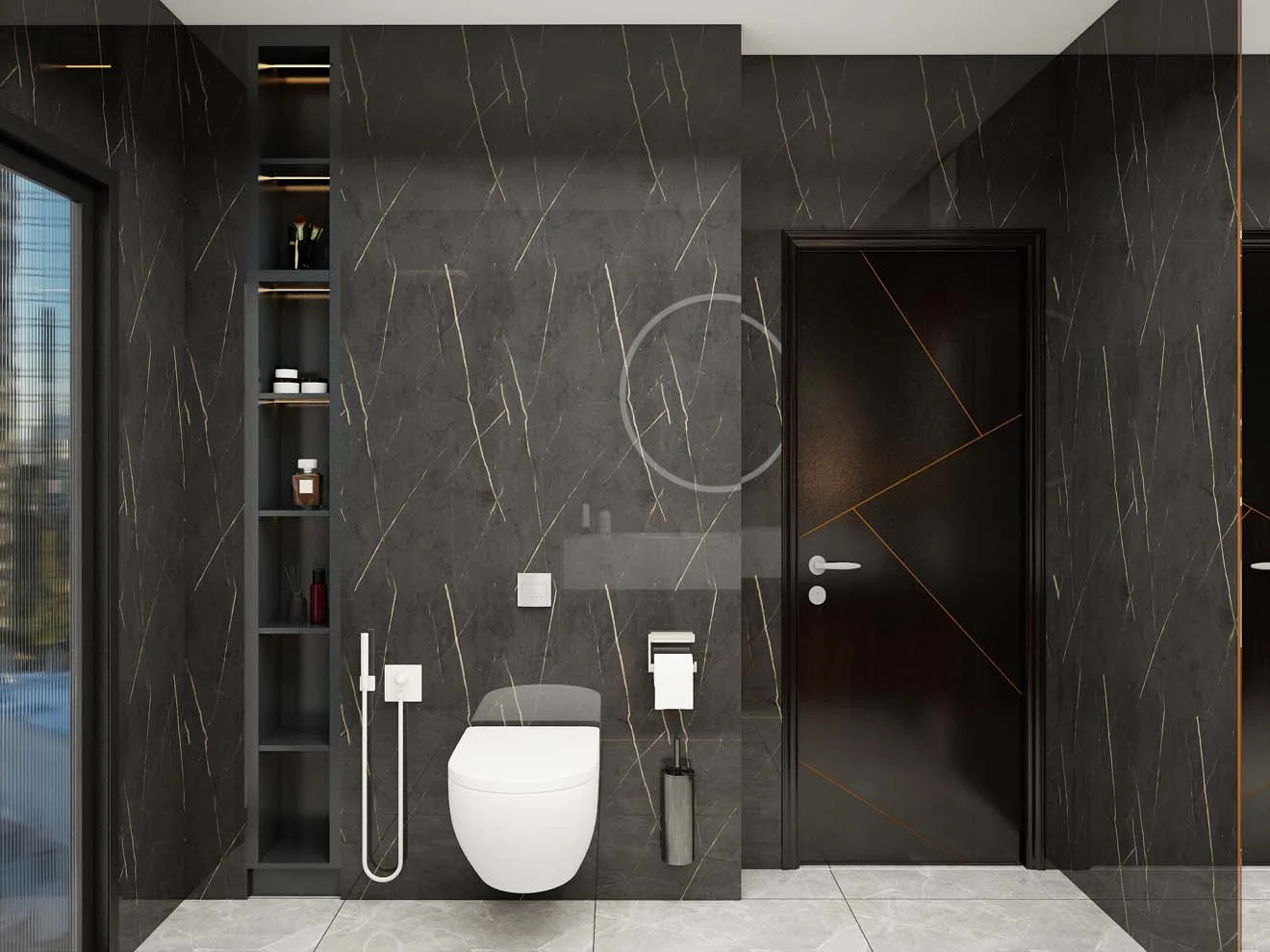 Elegantes gabinetes de baño de melamina negra con decoración moderna