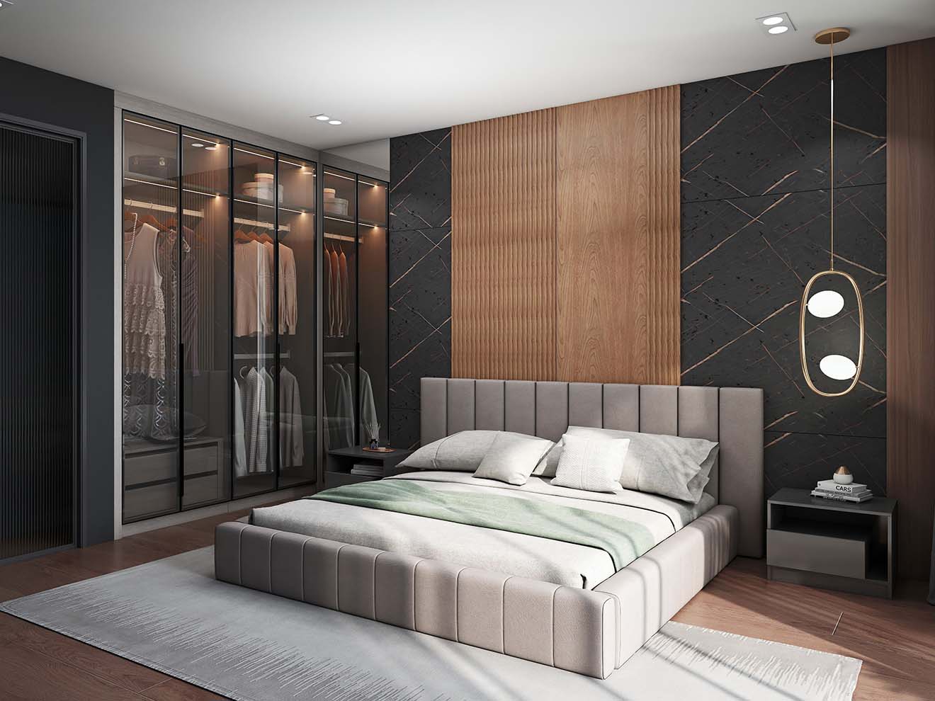 Black Melamine Modern Hinged Wardrobes with Glass Doors