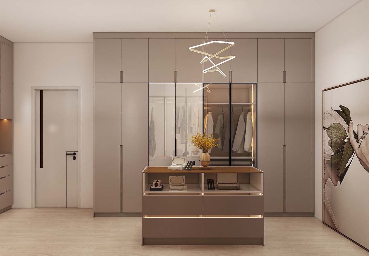 Elegant Golden U-Shaped Walk In Closet with Glass Doors 2 Elegant Golden U-Shaped Walk In Closet with Glass Doors