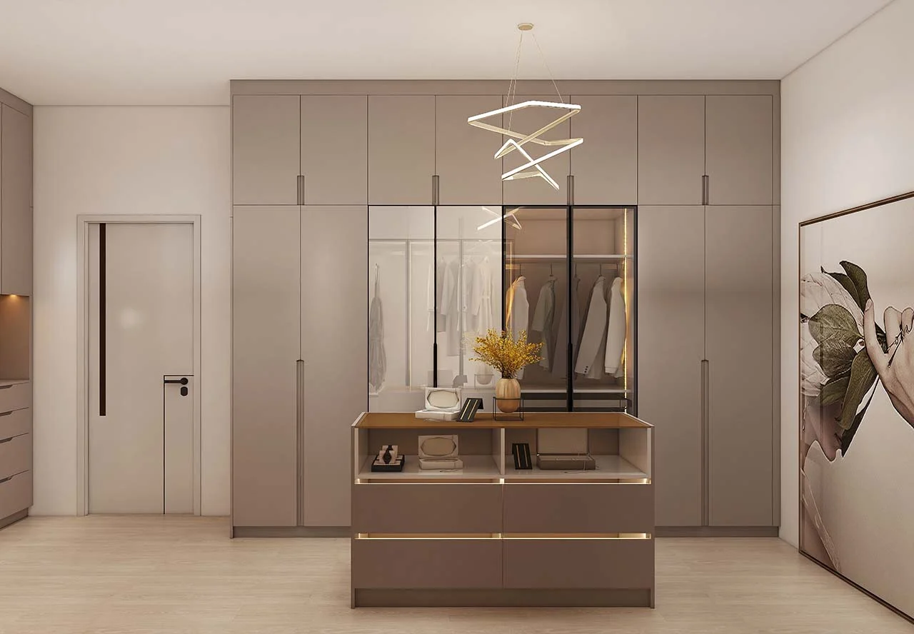 Elegante vestidor dorado en forma de U con puertas de vidrio
