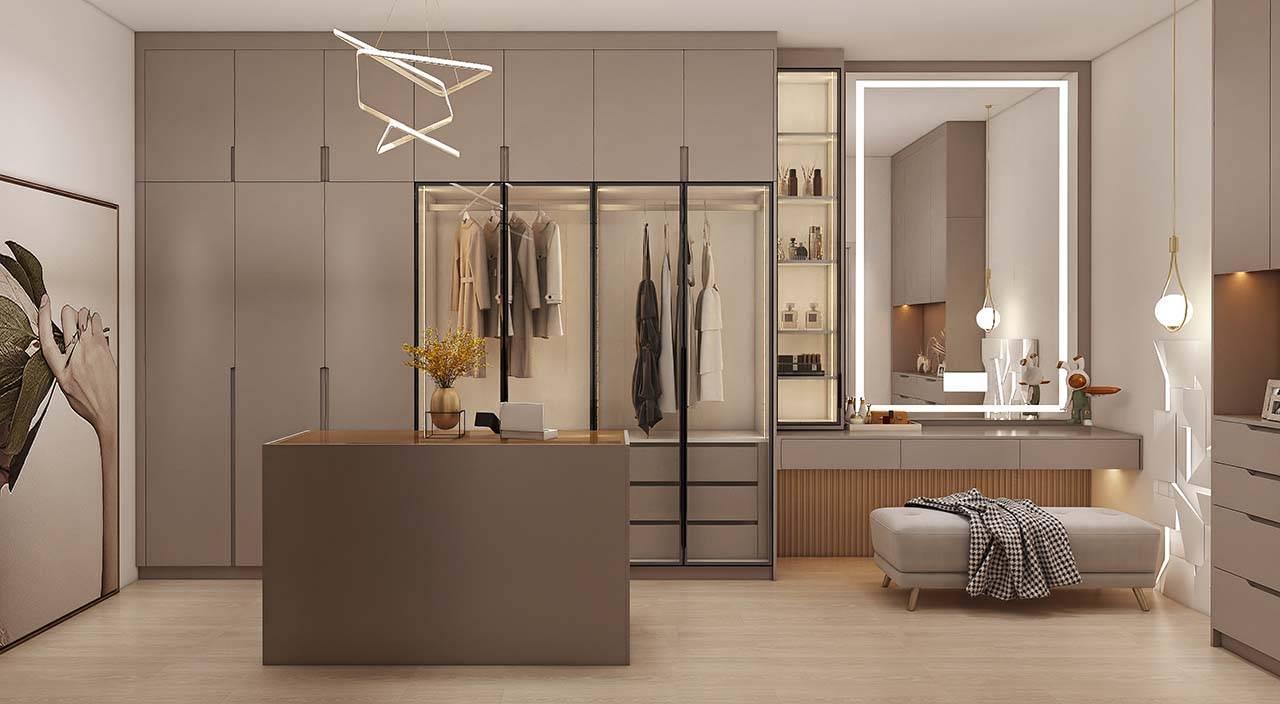 Elegant Golden U-Shaped Walk In Closet with Glass Doors