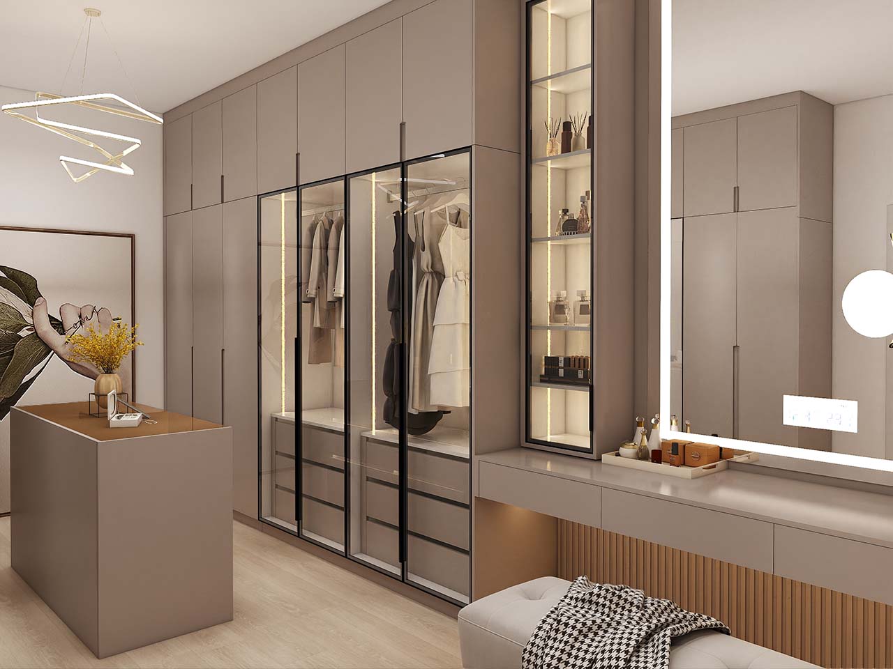 Elegant Golden U-Shaped Walk In Closet with Glass Doors