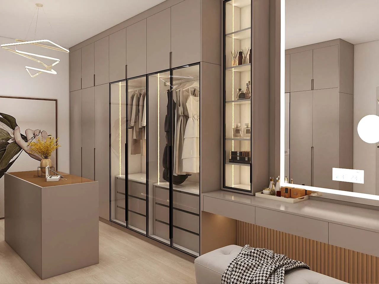 Walk In Closet 2 Elegant Golden U-Shaped Walk In Closet with Glass Doors