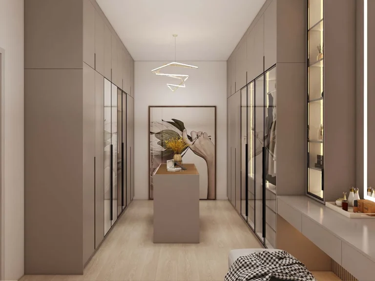Elegant Golden U-Shaped Walk In Closet with Glass Doors