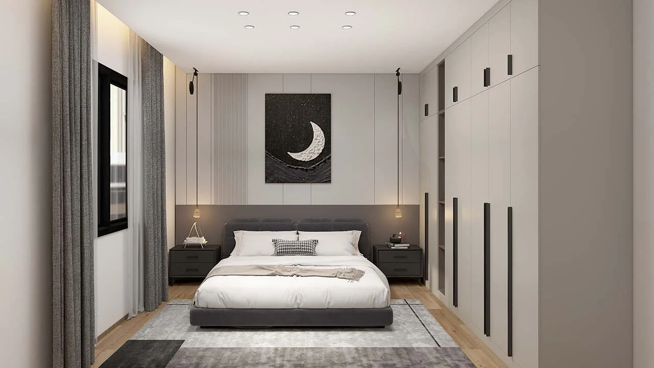 Dormitorio blanco moderno y elegante con armarios con bisagras de melamina