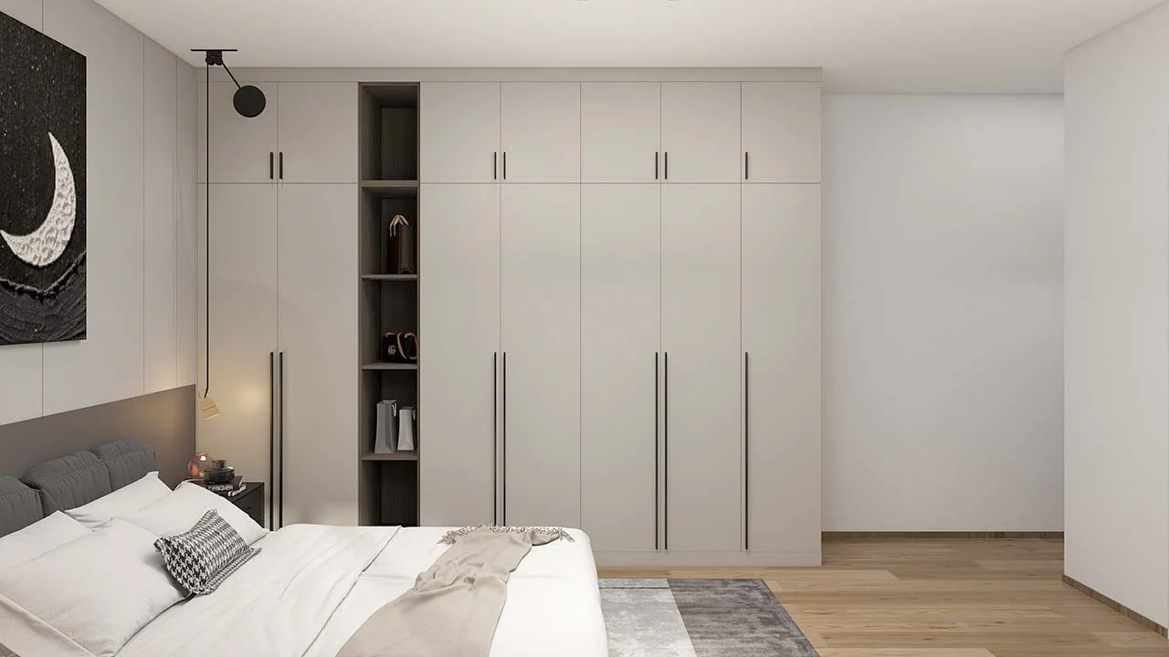 Dormitorio blanco moderno y elegante con armarios con bisagras de melamina
