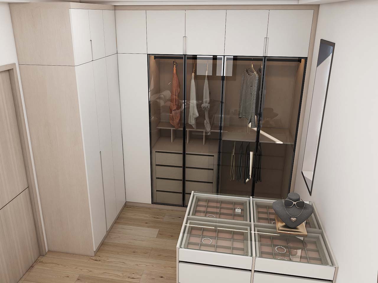 Elegant Modern White Walk In Closet with Glass Doors