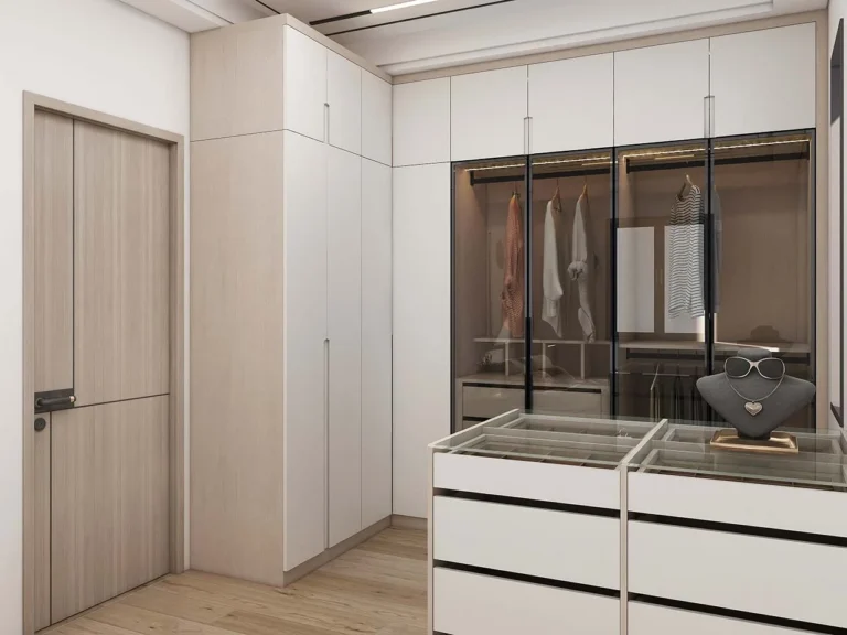 Elegant Modern White Walk In Closet with Glass Doors