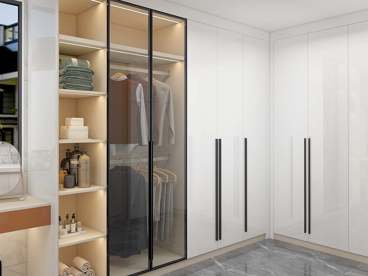 Gallery Modern White Lacquer Hinged Wardrobe with Silver Hardware 2 Gallery Modern White Lacquer Hinged Wardrobe with Silver Hardware