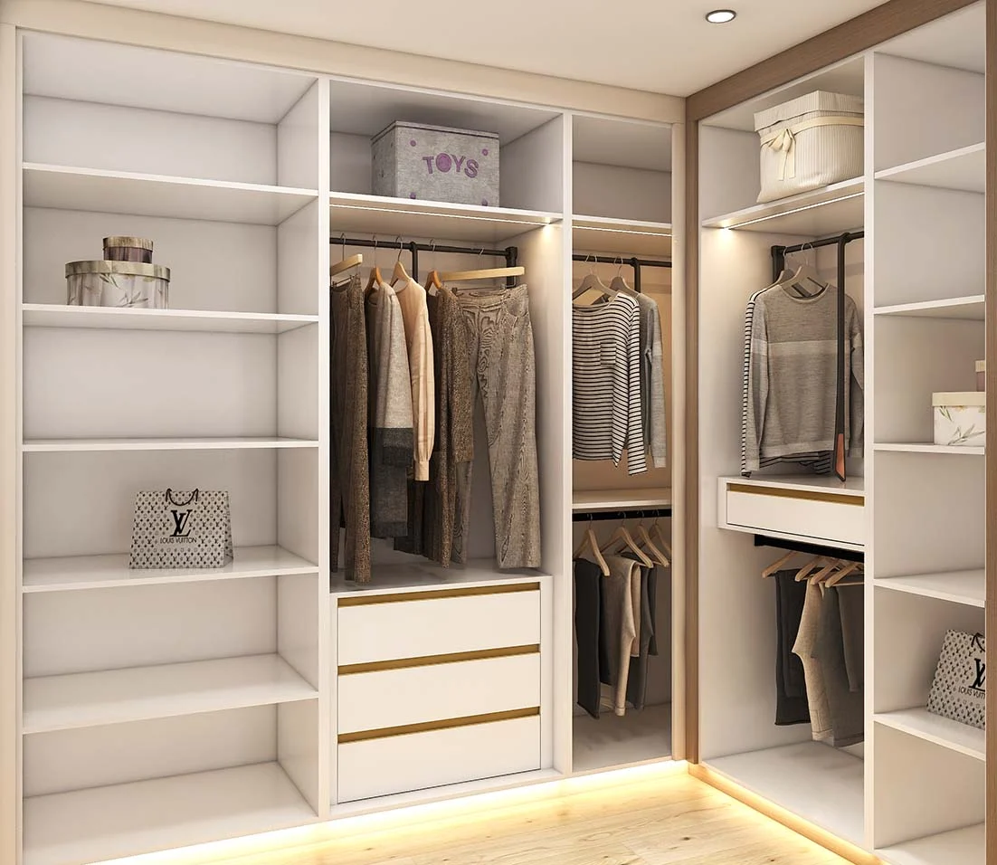 Minimalism Wood Modern L-Shaped Walk In Closet