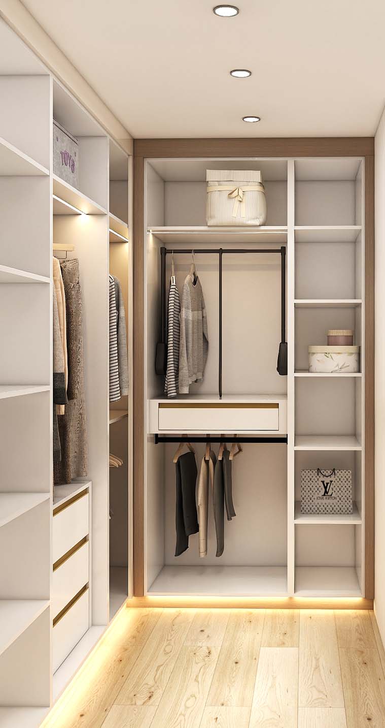 Minimalism Wood Modern L-Shaped Walk In Closet