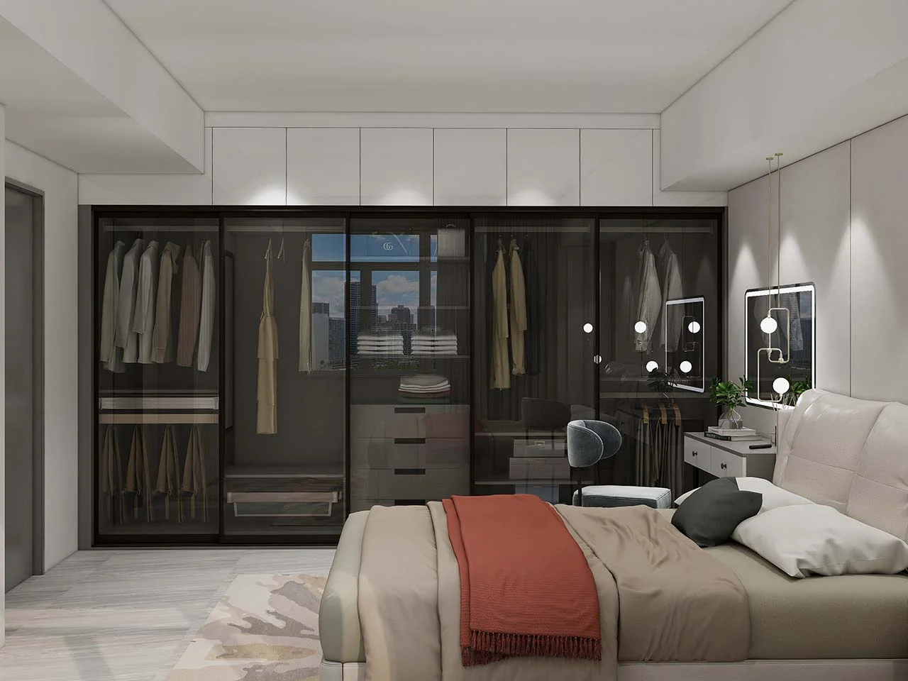 Modern Black Lacquer Sliding Door Wardrobe With Glass Doors