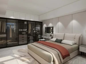 Modern Black Lacquer Sliding Door Wardrobe With Glass Doors
