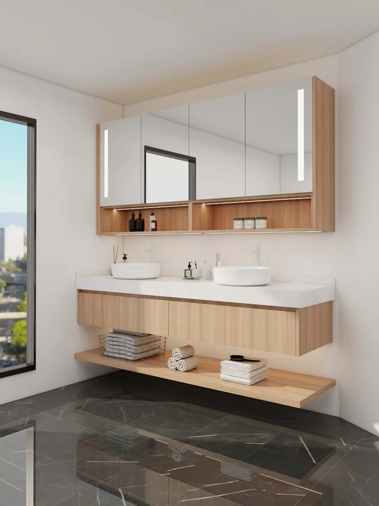 Tocador de baño de madera contrachapada con chapa de madera de galería moderna
