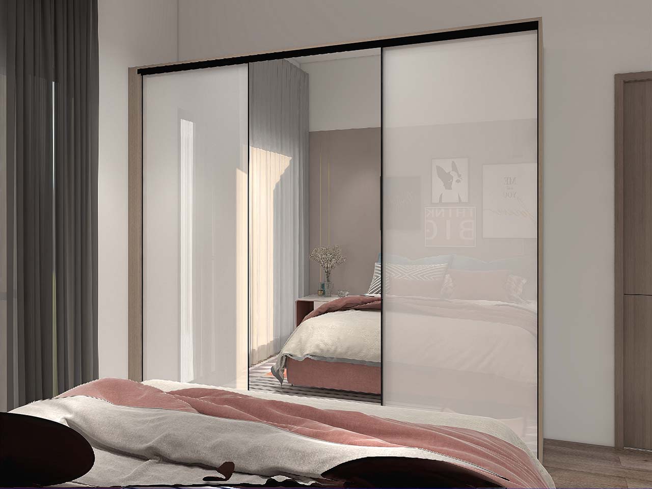 Modern Lacquer Sliding Door Wardrobe with Mirror Doors