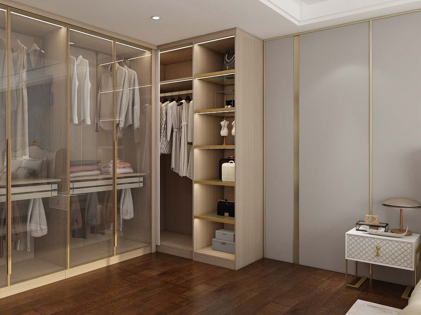 Wood U-Shaped Sliding Door Wardrobe with Glass Doors 2 Wood U-Shaped Sliding Door Wardrobe with Glass Doors