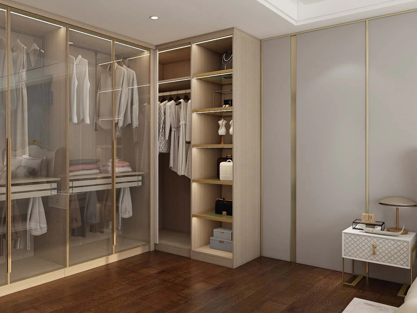 Lemari Pakaian Pintu Geser Kayu Berbentuk U dengan Pintu Kaca