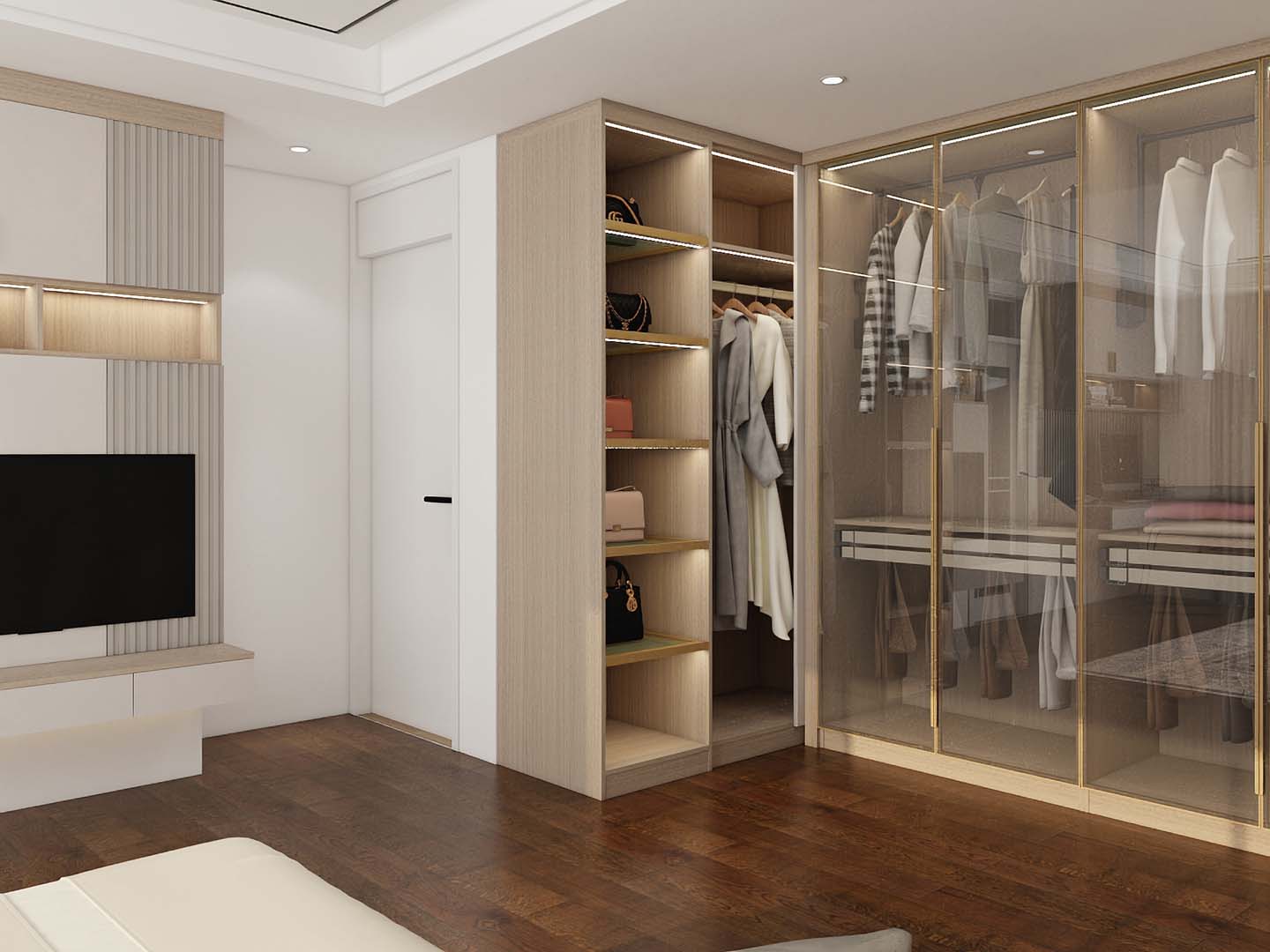 Wood U-Shaped Sliding Door Wardrobe with Glass Doors