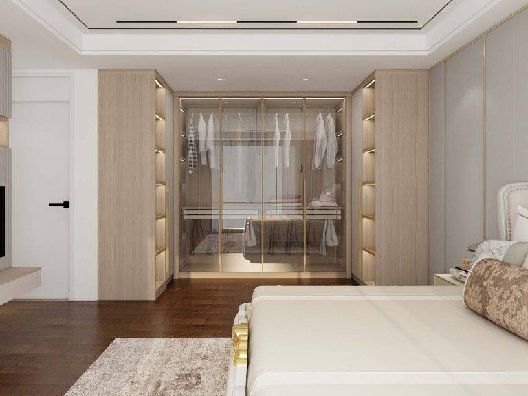 Wood U-Shaped Sliding Door Wardrobe with Glass Doors