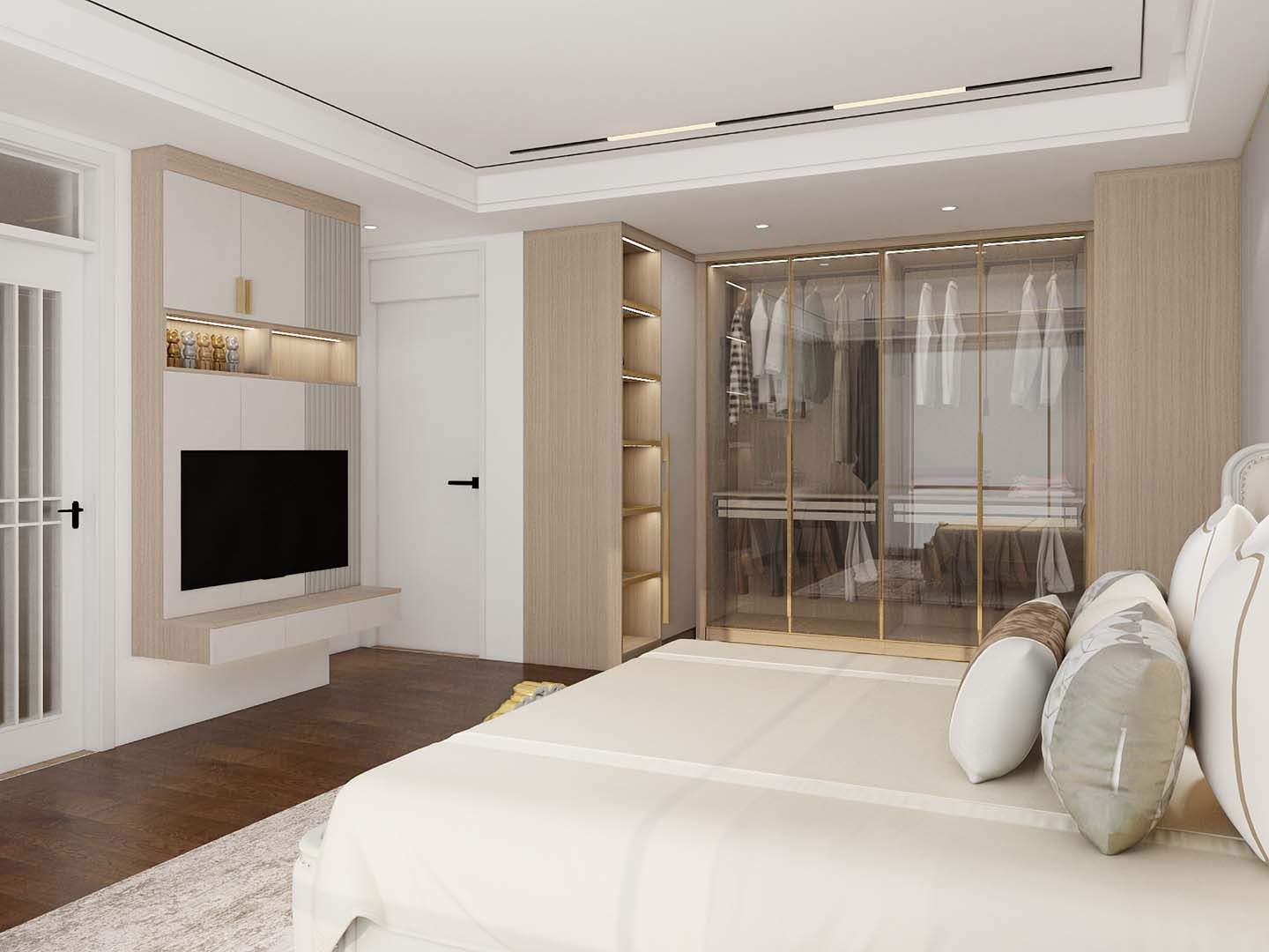 Wood U-Shaped Sliding Door Wardrobe with Glass Doors