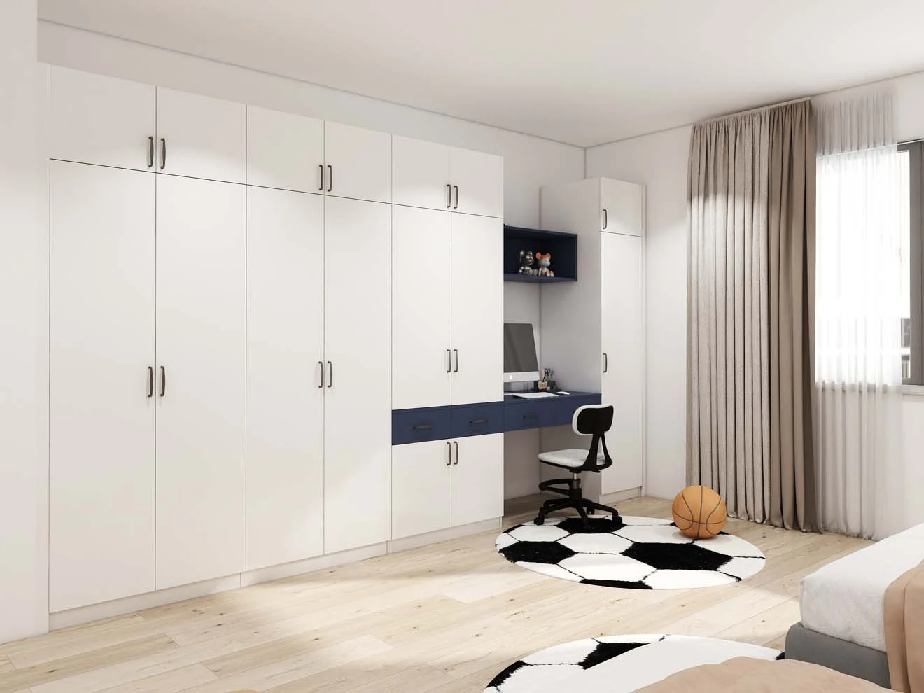 Diseño de armario de dormitorio moderno y elegante con almacenamiento funcional