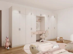 Pastel-Themed Kids Closet with Built-in Study Desk