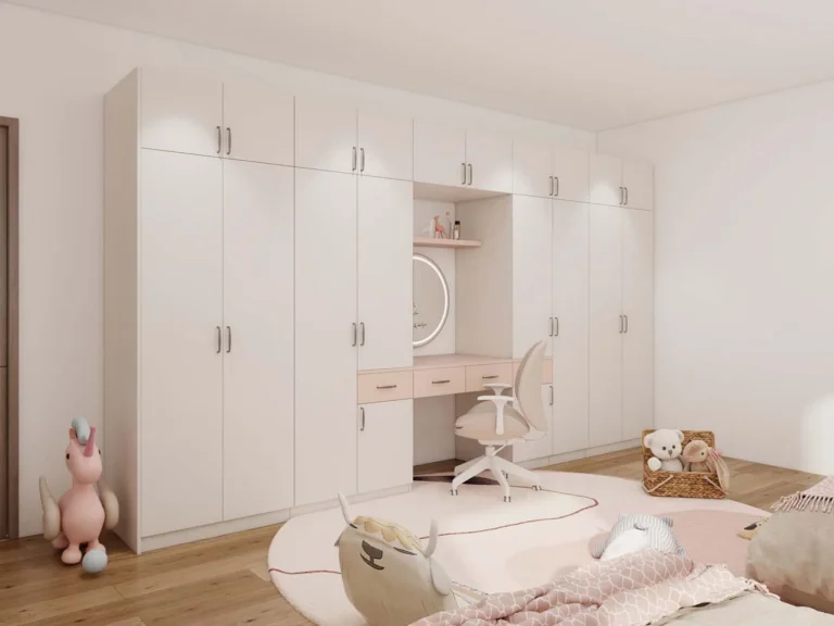 Pastel-Themed Kids Closet with Built-in Study Desk