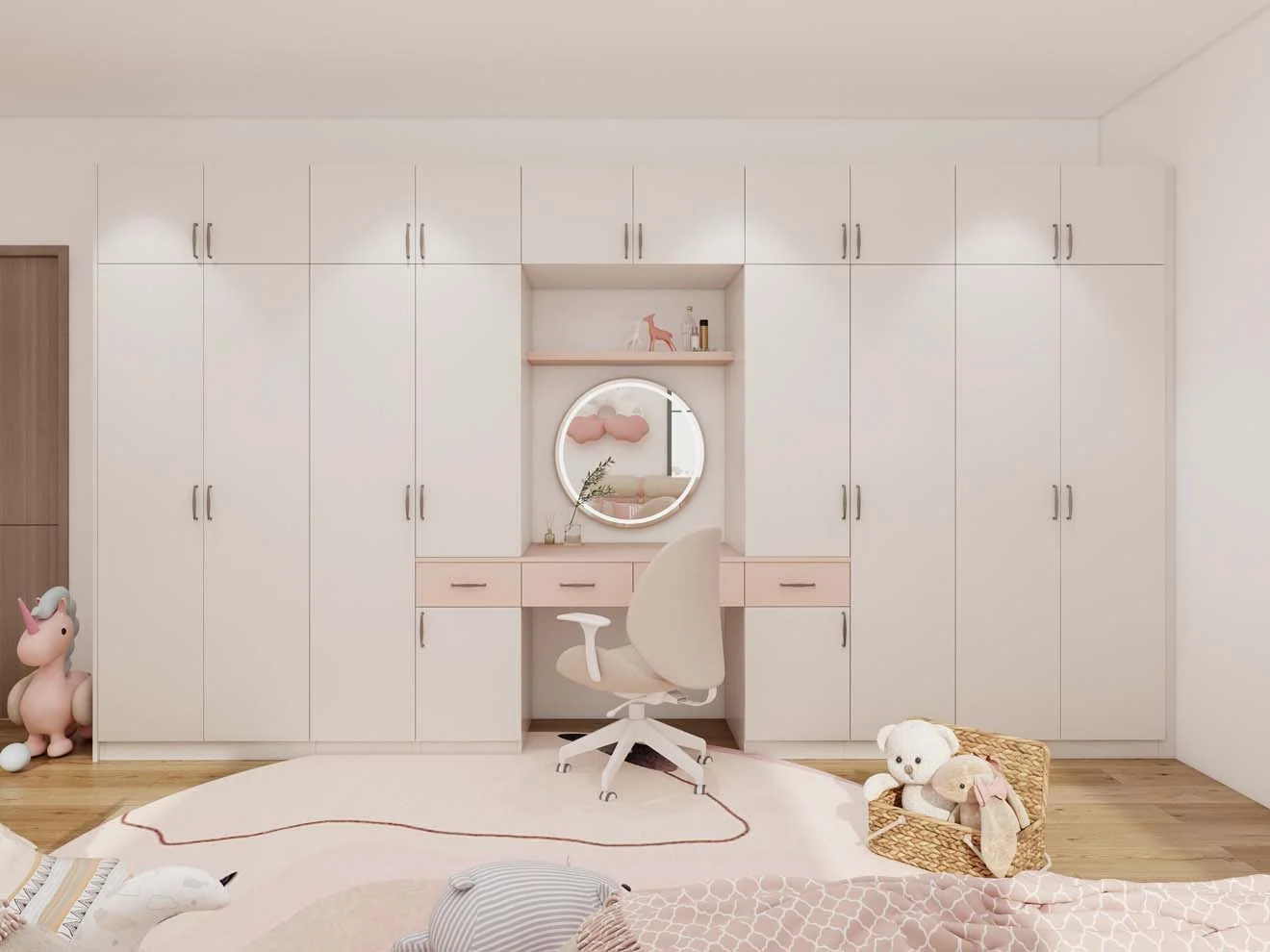 Pastel-Themed Kids Closet with Built-in Study Desk