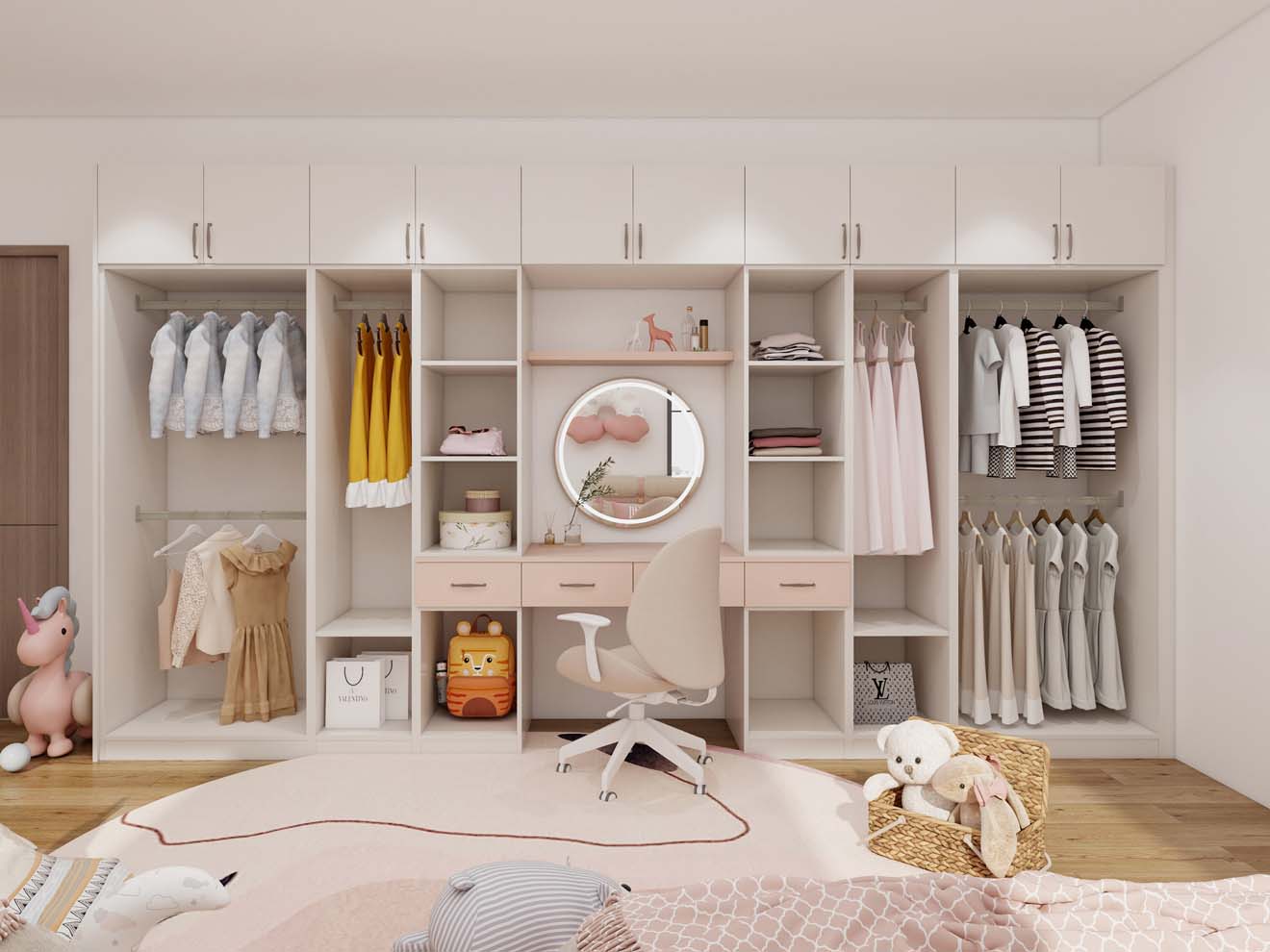 Pastel-Themed Kids Closet with Built-in Study Desk