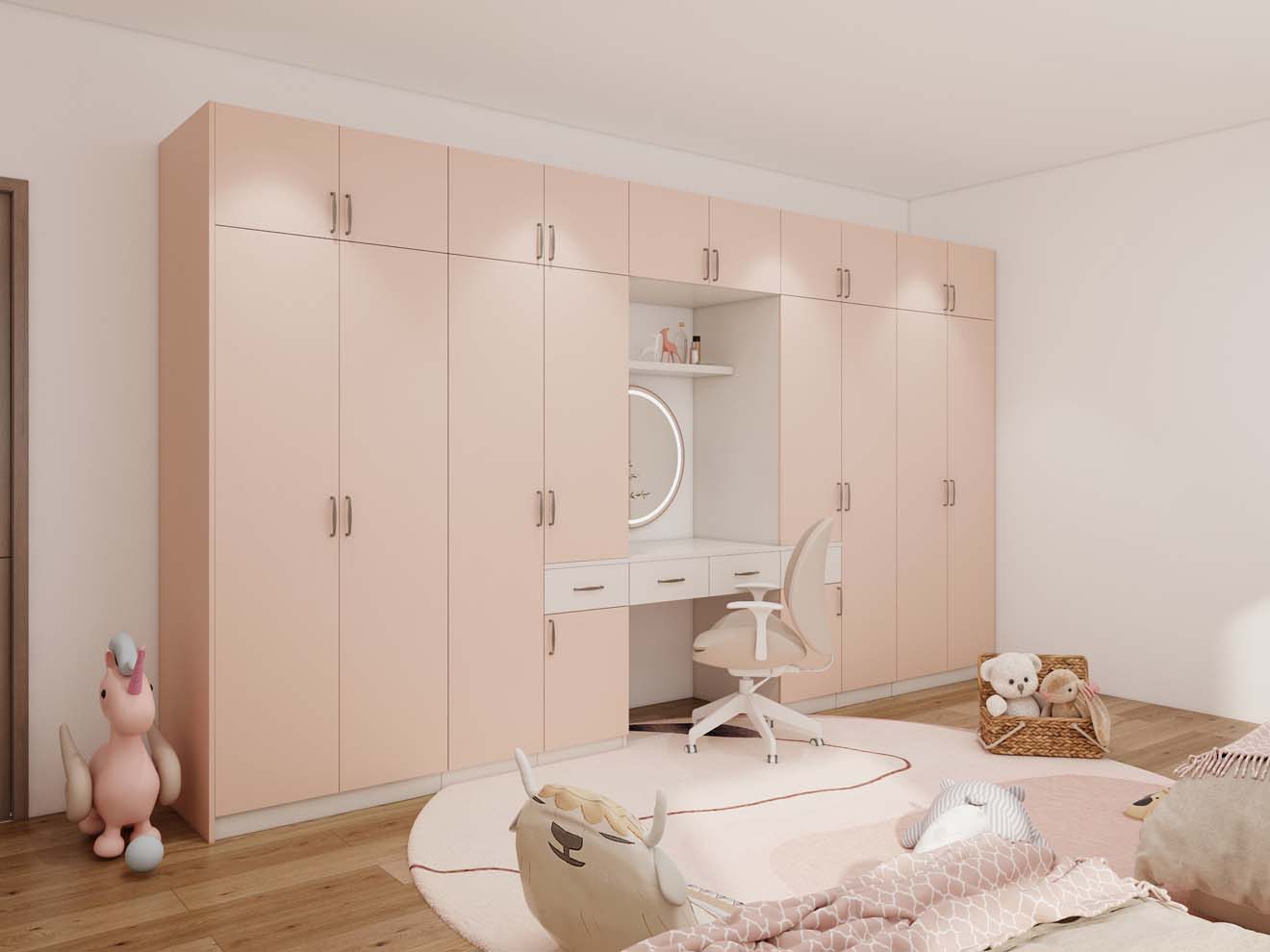 Pastel-Themed Kids Closet with Built-in Study Desk