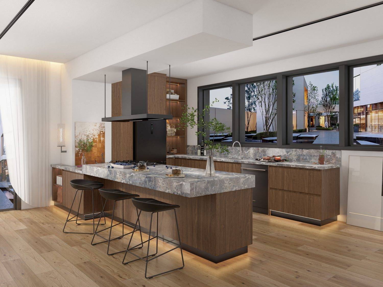 Modern L-Shaped Kitchen Cabinet with Walnut Finish 2 Elegant Kitchen Island with Dark Wood and Marble Countertops