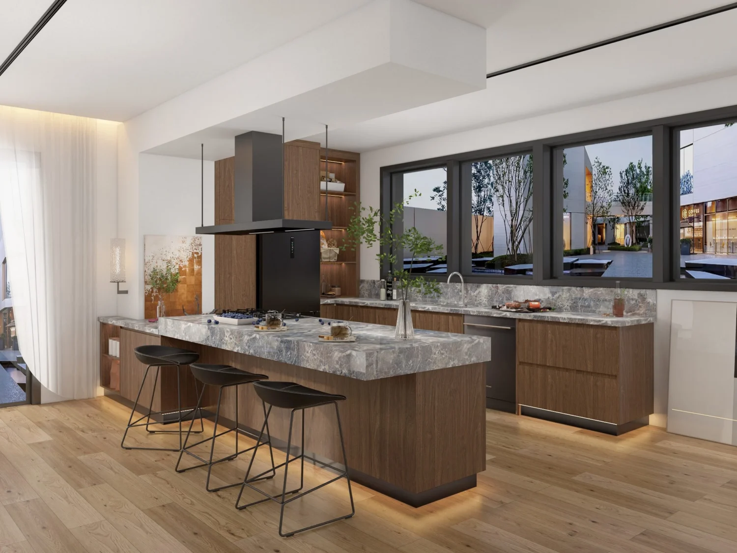 Elegant Kitchen Island with Dark Wood and Marble Countertops