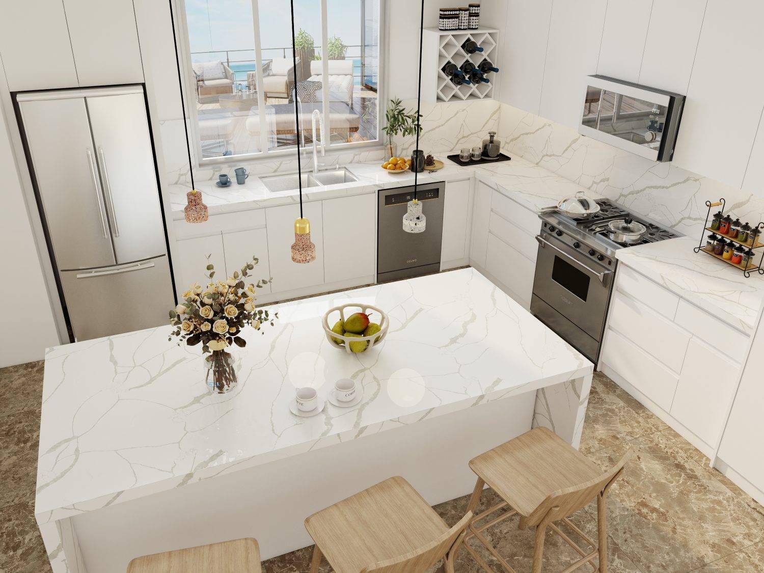 Elegant Kitchen with White Cupboards and Marble Details