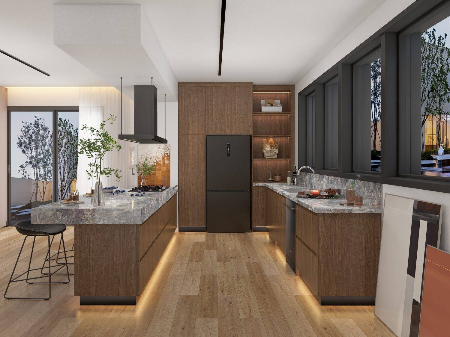 Integrated Appliance Wall with Custom Wood Cabinets in Modern Kitchen