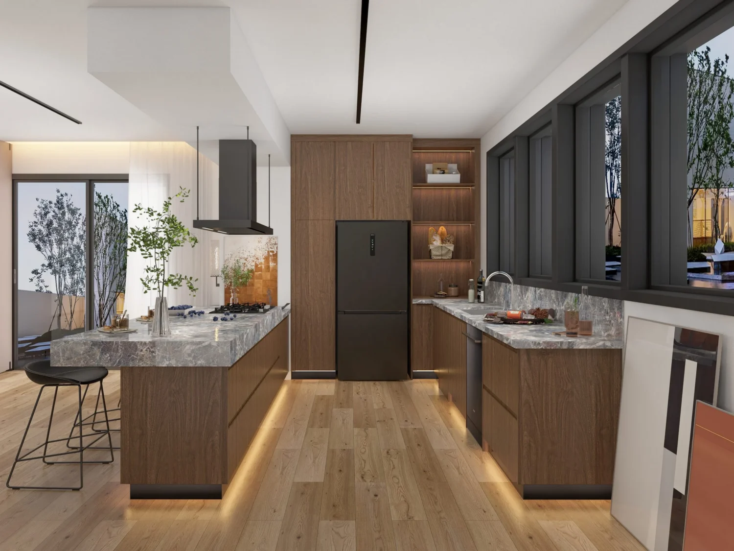 Pared de electrodomésticos integrada con gabinetes de madera personalizados en cocina moderna