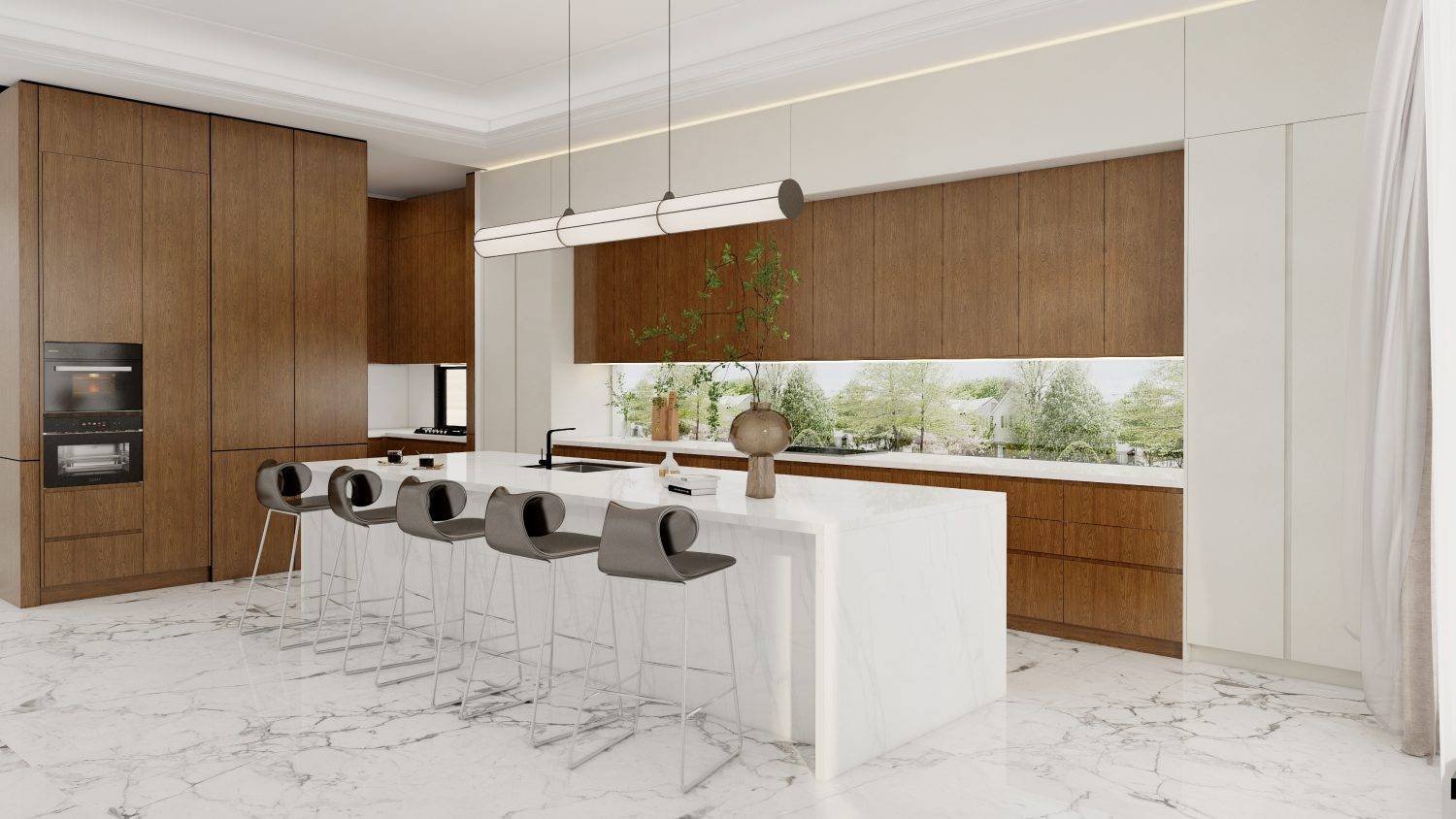 Integrated Walnut Cabinets and Marble Countertops in Modern Kitchen 1