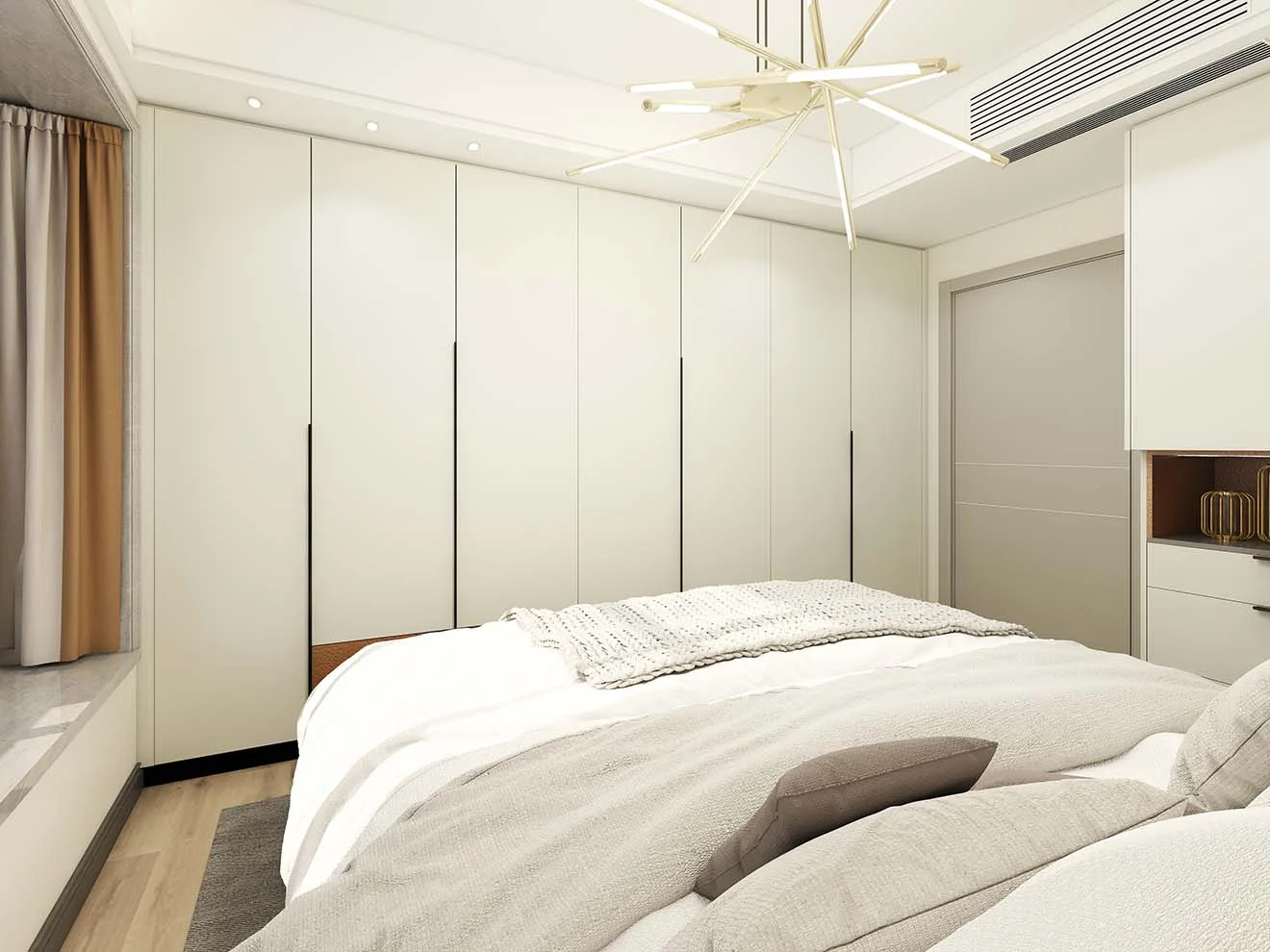 Amplio y moderno armario con bisagras lacadas en un dormitorio elegante