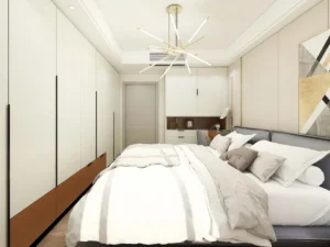 Las 10 mejores fábricas de gabinetes de cocina de China | Puesto 7 en 2026 Amplio y moderno armario con bisagras lacadas en un dormitorio elegante