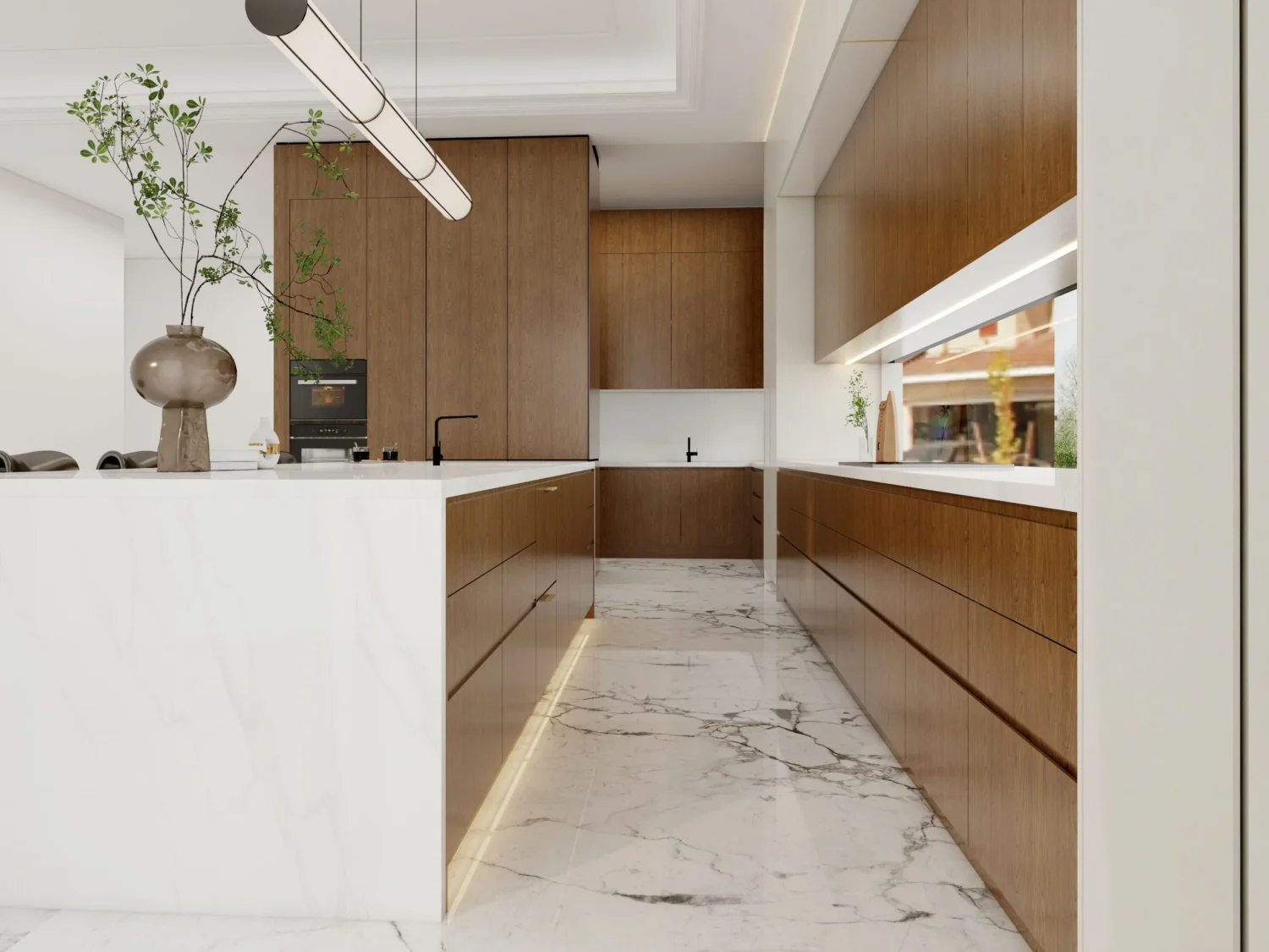 Cocina en forma de L con gabinetes de nogal e isla blanca