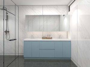 Sleek Blue Bathroom Cabinets with White Marble Elegance