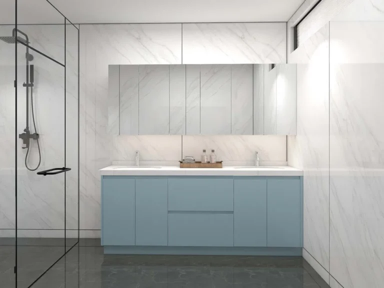 Sleek Blue Bathroom Cabinets with White Marble Elegance