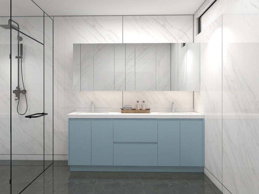 Sleek Blue Bathroom Cabinets with White Marble Elegance