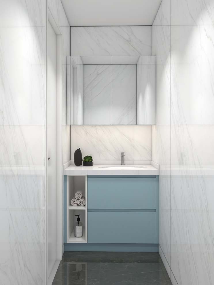 Sleek Blue Bathroom Cabinets with White Marble Elegance