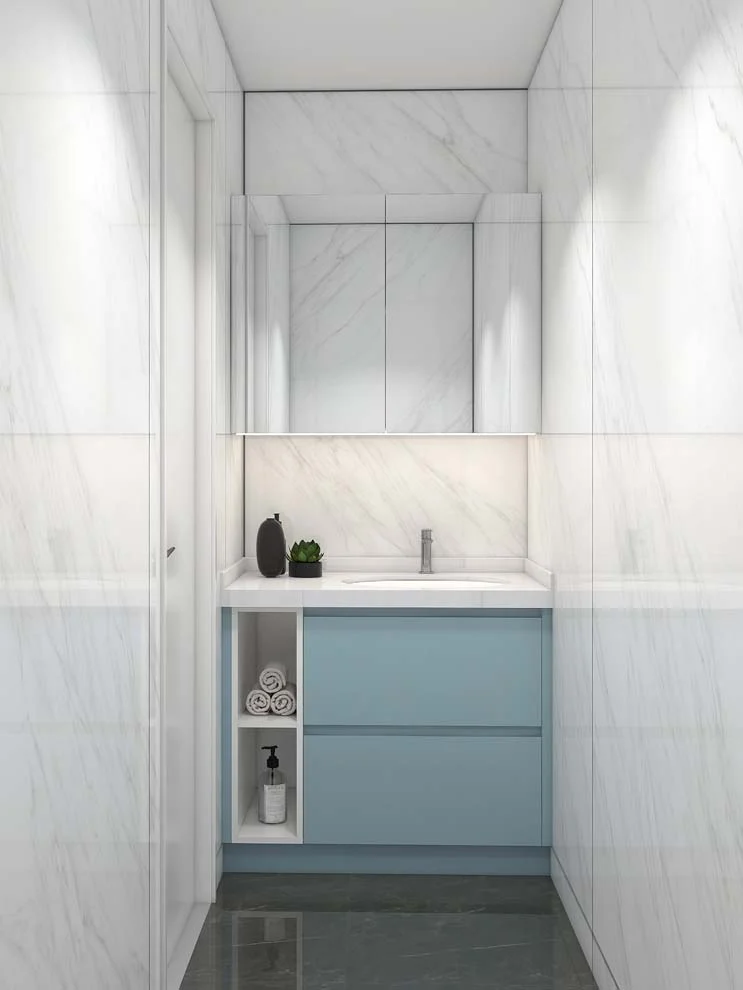 Sleek Blue Bathroom Cabinets with White Marble Elegance - PA Kitchen