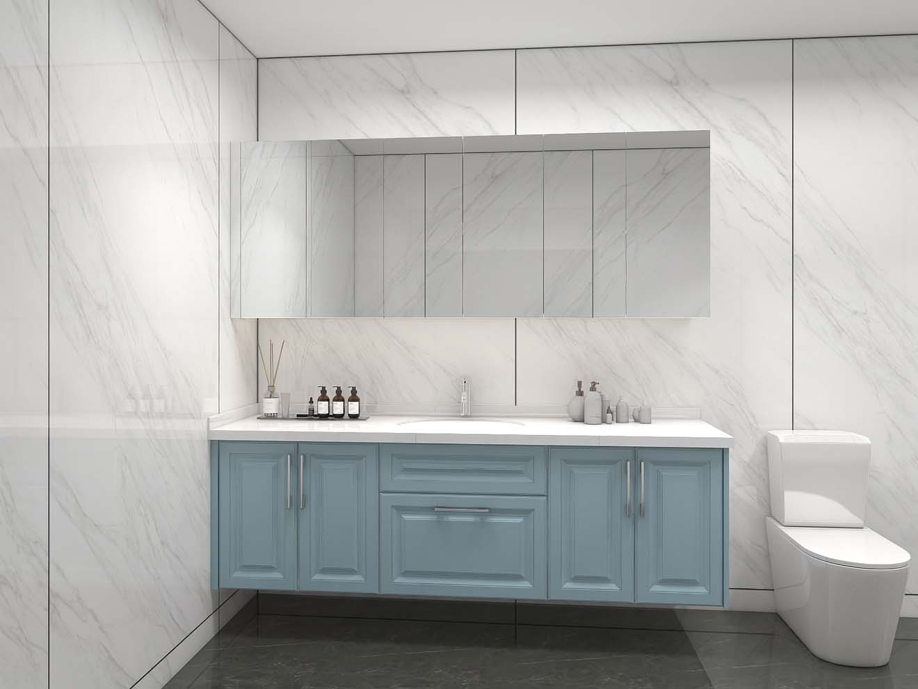 Sleek Blue Bathroom Cabinets with White Marble Elegance 2 Sleek Blue Bathroom Cabinets with White Marble Elegance