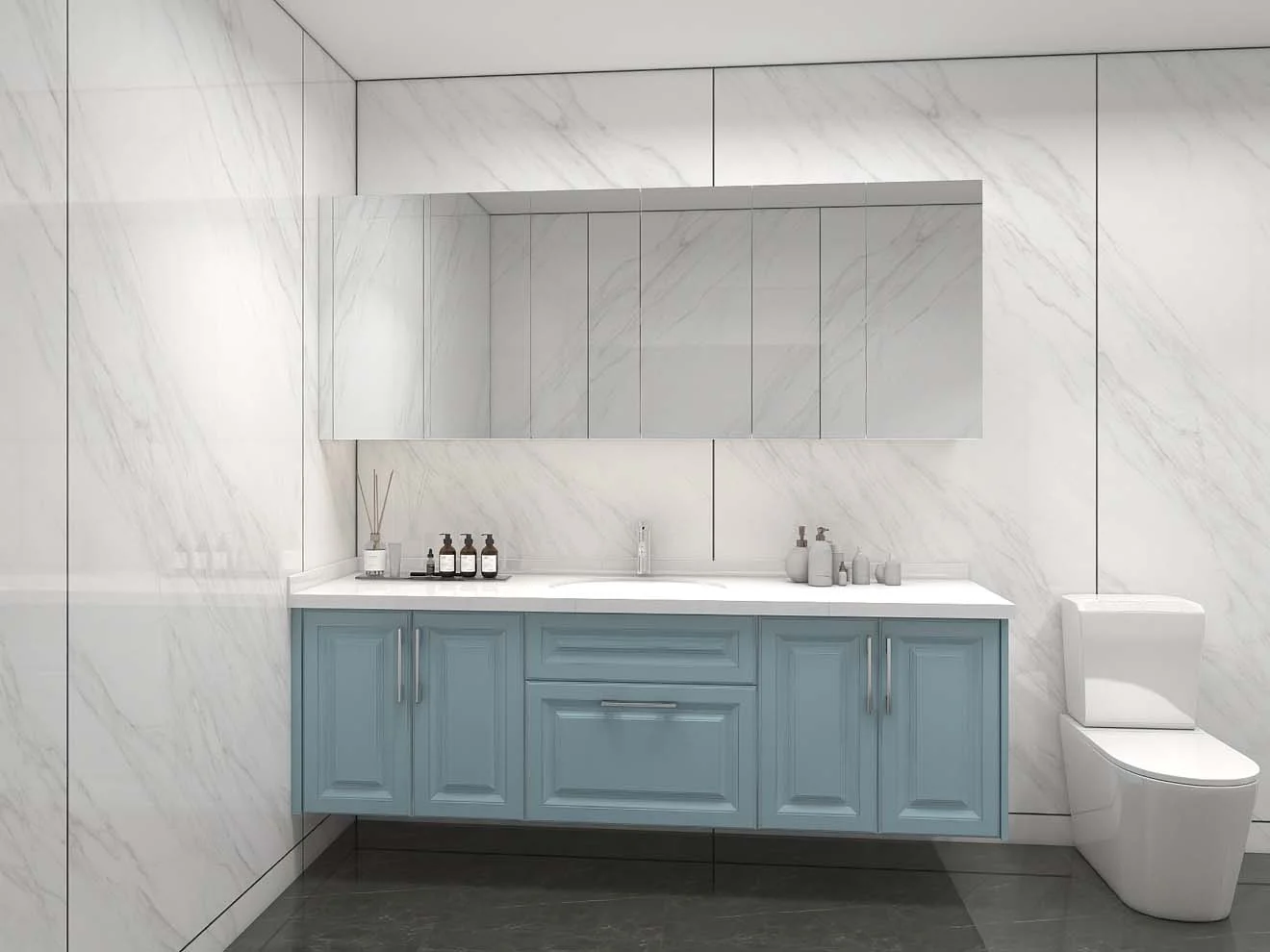 Sleek Blue Bathroom Cabinets with White Marble Elegance