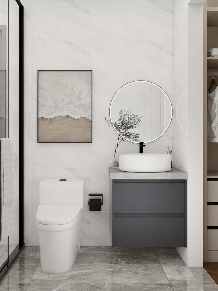 Sophisticated Gray Modern Bathroom Cabinets with Marble Detail